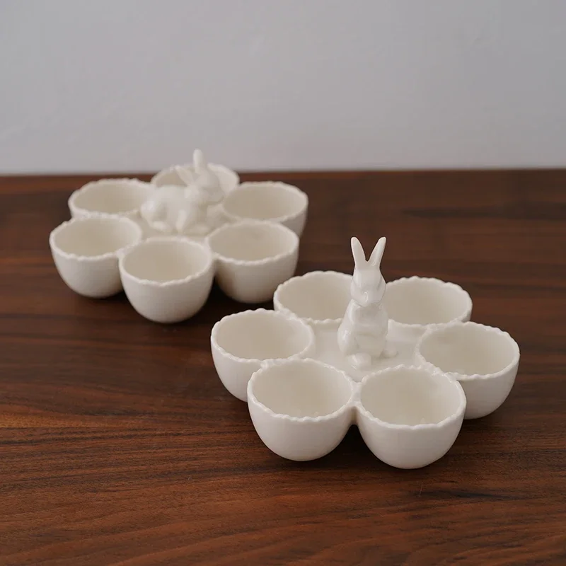 Elegant European Style Rabbit Shaped Ceramic Egg Tray Six Grids Breakfast Egg Holder Tabletop Ceremony Breakfast Egg Tray