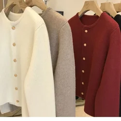 Vintage O-neck Knitting Cardigan Women Autumn Winter Korean Simplicity Solid Color Sweater Coat Trend All-match Knitwear Tops