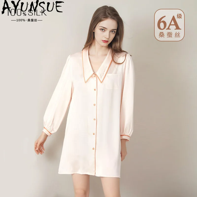 AYUNSUE 100% Real Silk Night Dresses for Women Doll Collar Long Sleeve Pajamas Night Shirt Dress Woman Clothing Пижама Женская