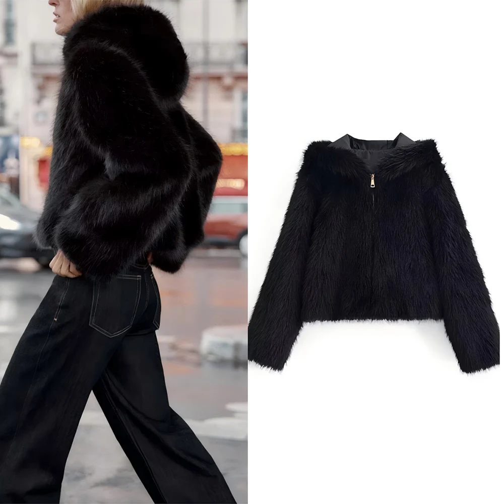 

Women's winter new thickened warm hooded fur coat loose faux fur effect coat retro long sleeved zipper women's coat chic top