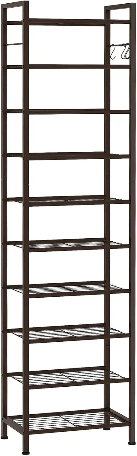

10-Tier Slim Metal Shoe Rack for 20-30 Pairs, Space-Saving Vertical Organizer with Adjustable Shelves and Hooks