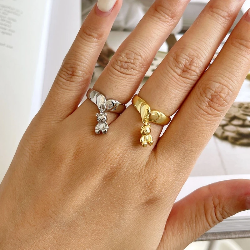 Ins Korean Cute Cartoon Mini Bear Pendant Rings for Women Gold Silver Plated Love Heart Open Ring Jewelry Anillo Whole Sale