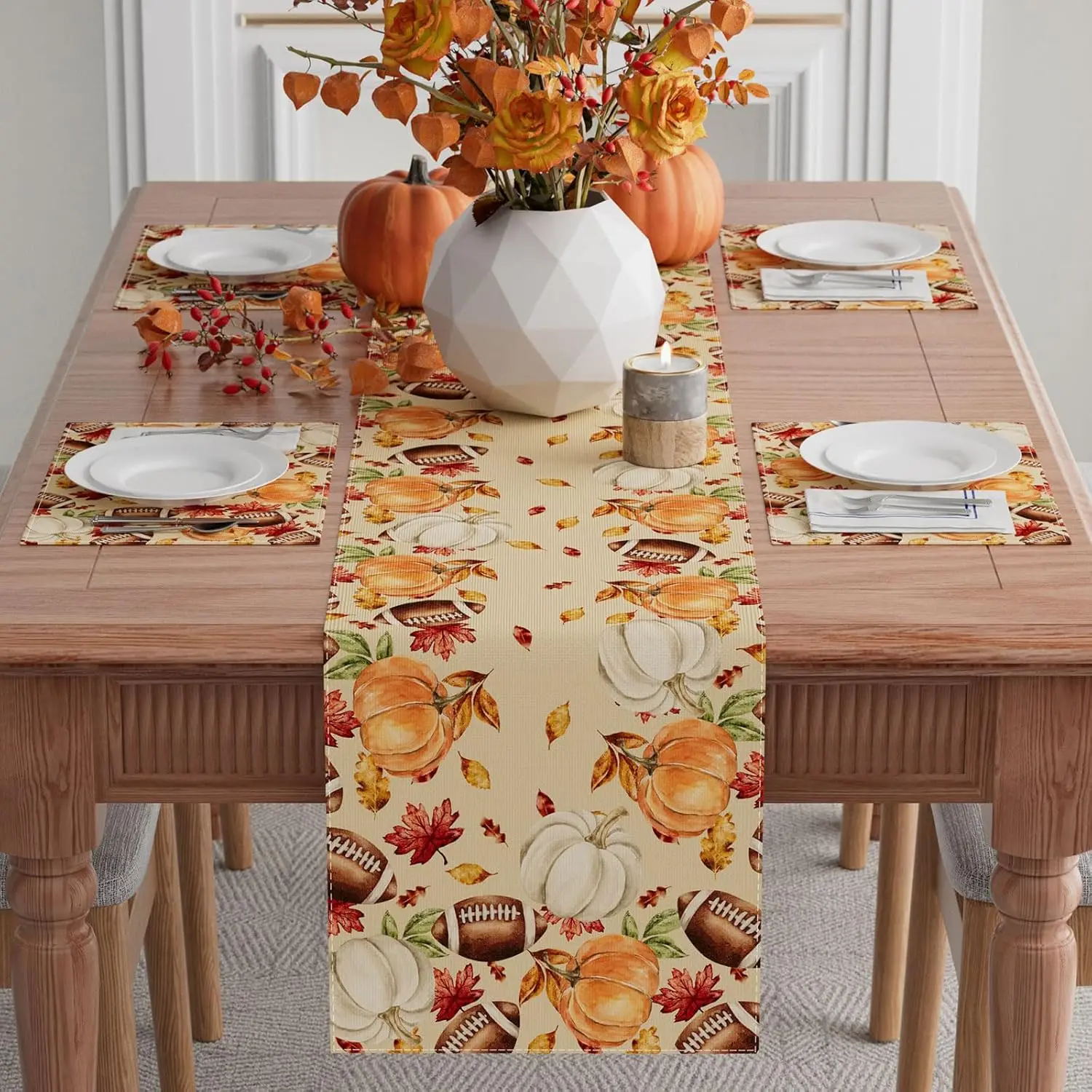 Fall Football Pumpkins Linen Table Runner Placemats Thanksgiving Decorations Autumn Maple Leaves Table Runners Party Table Decor