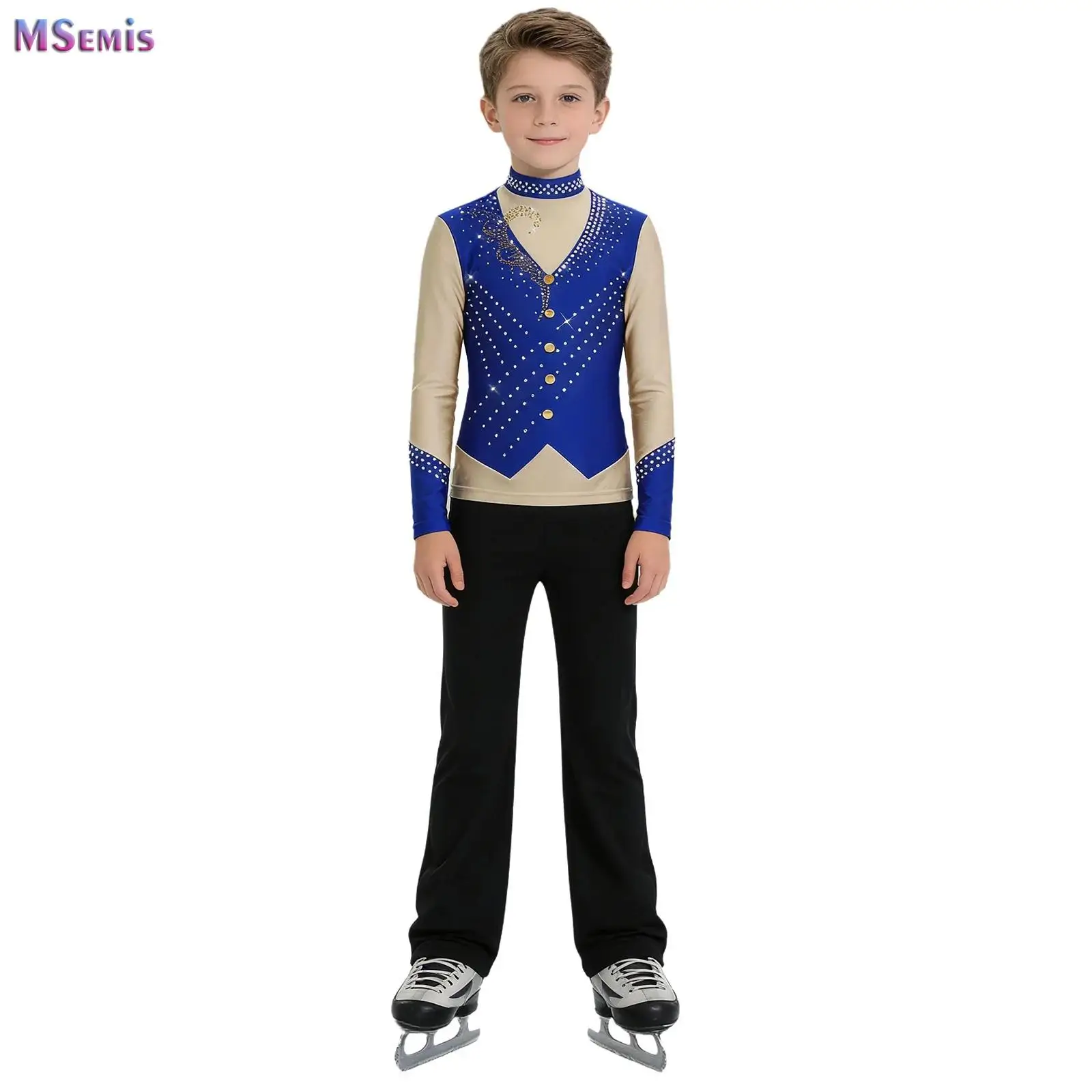 

Kids Boys Dance Suit Figure Skating Performance Competition Costume Outfit Long Sleeve Shiny Rhinestones Top with Pants Sets