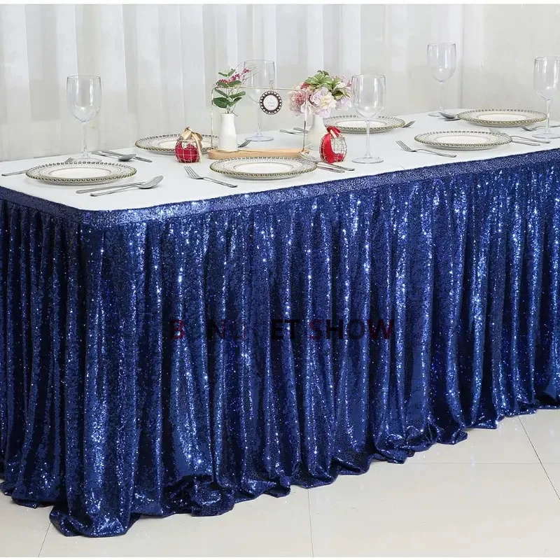 Gold 10ft 3mm Sequin Table Skirt Rectangle Banquet Tablecloth Skirting For Wedding Event Party Decoration