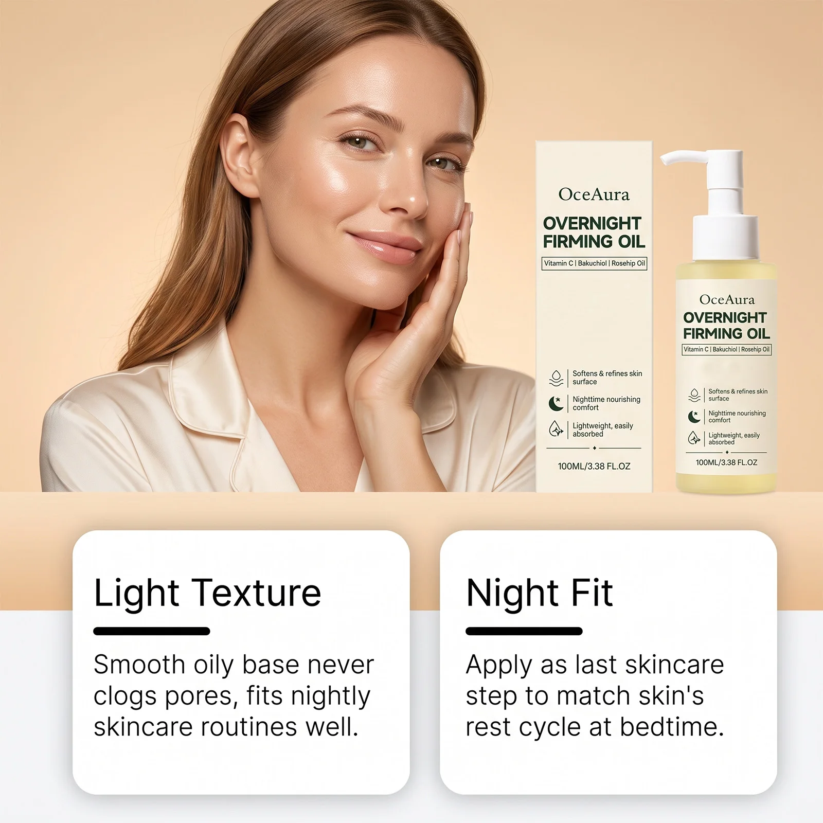 Overnight Nourishing Firming Face Oil Vitamin C Bakuchiol Rosehip Glow Restore Anti Aging Moisturize Repairing Facial Serum Oil