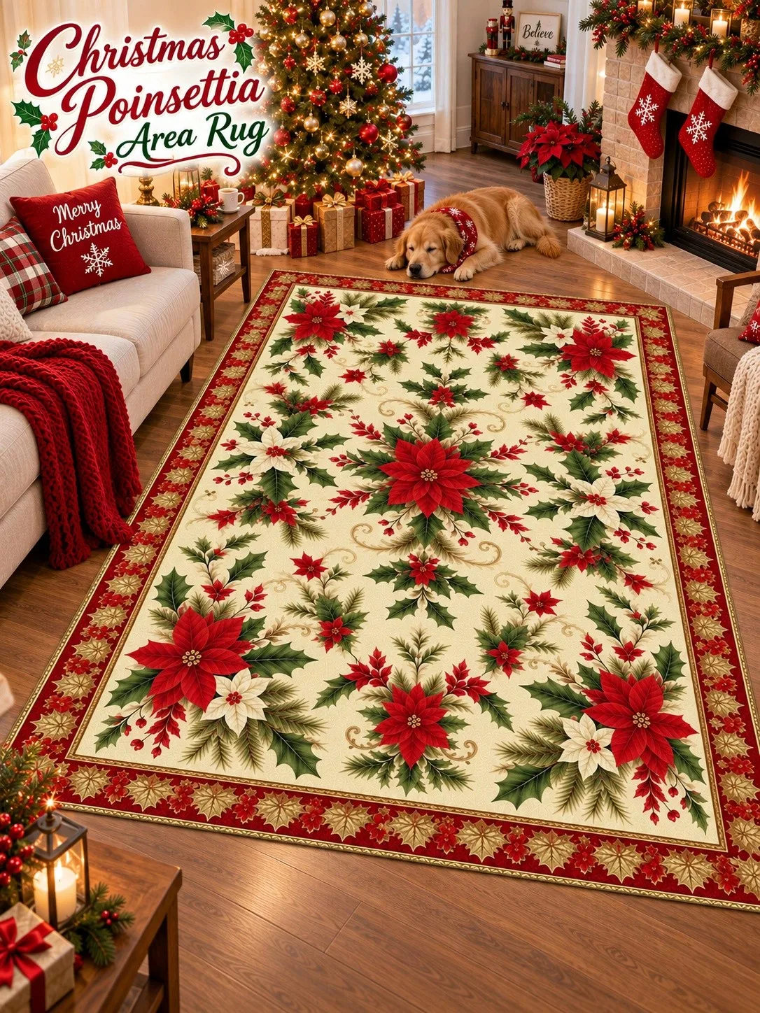 Christmas Rug Poinsettia Holly Leaf Border Floor Decor Carpet Living Room Bedroom Dining Area Entryway Apartment Cabin Winter Home Accent Beside Sofa Armchair Housewarming Birthday Gift for Parents Neighbors Sisters Friends Holiday Celebrations