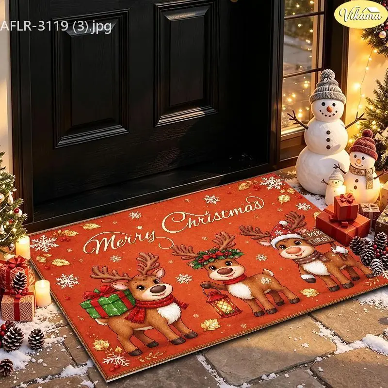 VIKAMA Black Christmas Cat Santa Hat Entryway Rug Non Slip Low Profile Mats for Outside Front Door Xmas Decor Washable