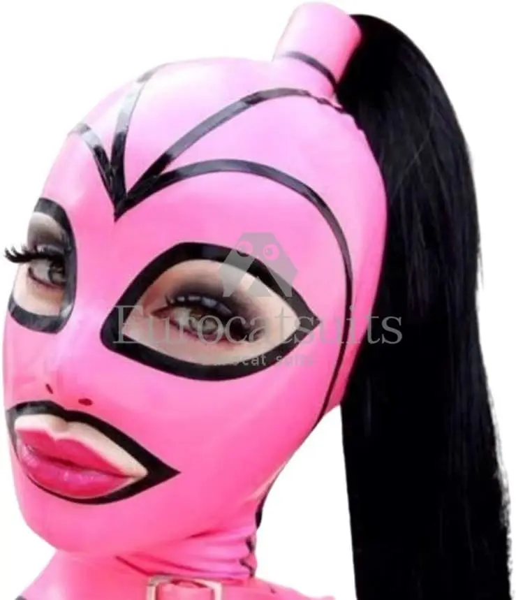 Latex Hood Mask Holiday Rubber Full Face Pink and Black Strips with Ponytail Wig Latex Mask