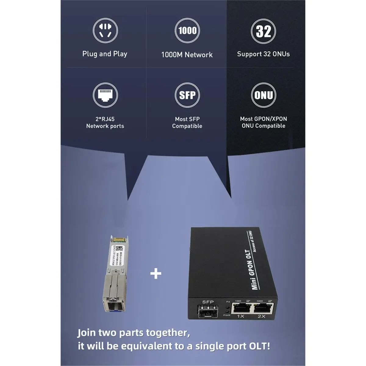 ^DT529~~New Mini GPON OLT STICK Single Port 1 GPON Port 2xGE Ports 1.25G Support 32 ONU Uplink Portable Fiber Use for FTTH