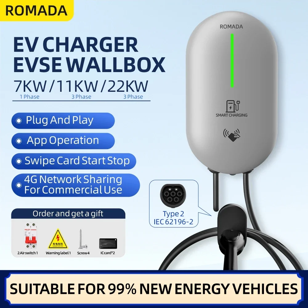 

Зарядное устройство для электромобилей ROMADA IEC62196 Type2 EVSE Wallbox 32A, 7 кВт, 1-фазный адаптер, управление через приложение Bluetooth для электромобиля, автомобиля с CE