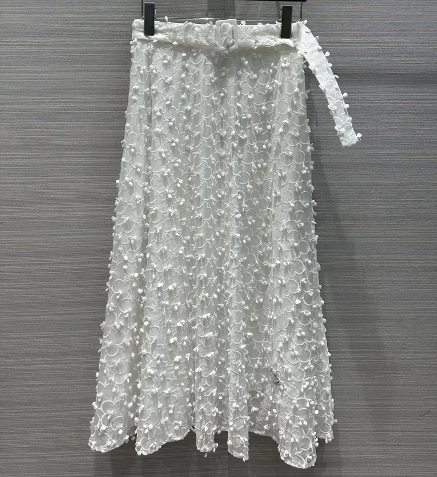 High quality 2024 spring sweet princess embroidery 3D white long skirt belt swinging skirt