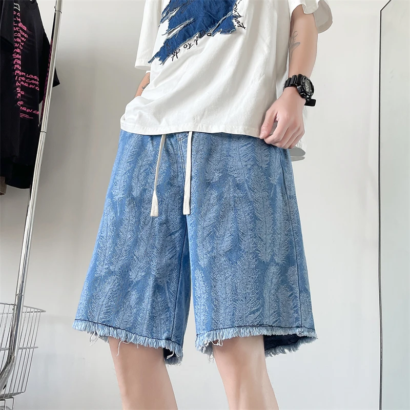 

Straight Trousers Baggy Jeans Men's Blue Shorts Luxury Man Jeans Jorts Wide Pants Streetwear Ripped Clothing