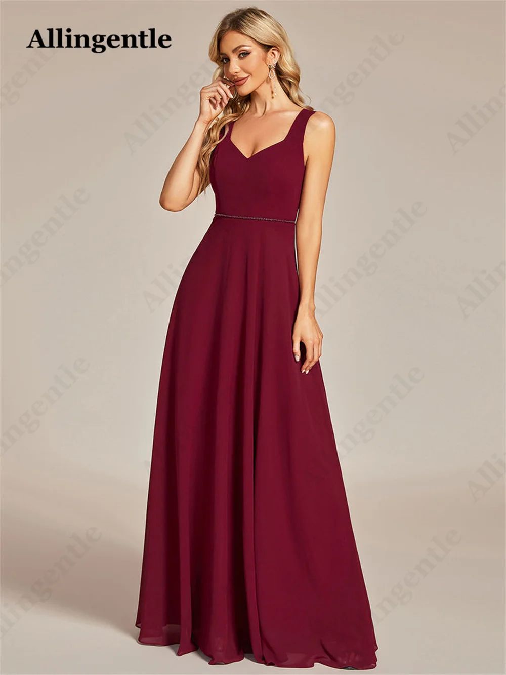 Allingentle Burgundy Elegant Bridesmaid Dress Backless Bow Design Sleeveless A-Line Prom Formal Gowns Floor Length Custom Made