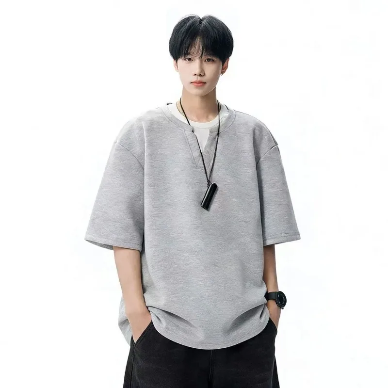 Men's Summer Fake Two Piece Henley Short Sleeve T Shirt Loose Casual Curved Hem Top For Men