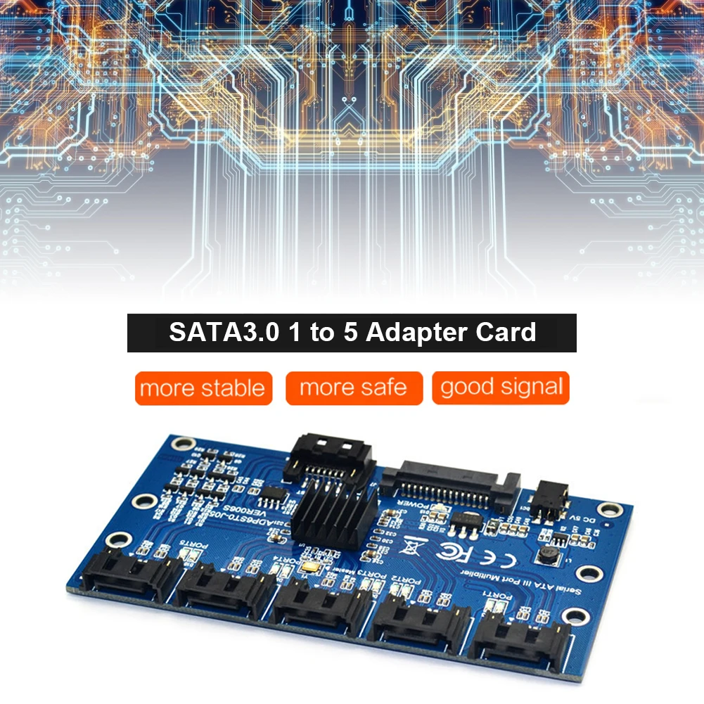 SATA Expansion Card Replacement 1 to 5 Port SATA3.0 Motherboard 6Gbps Riser Card Hub Adapter Supports Asynchronous Notification