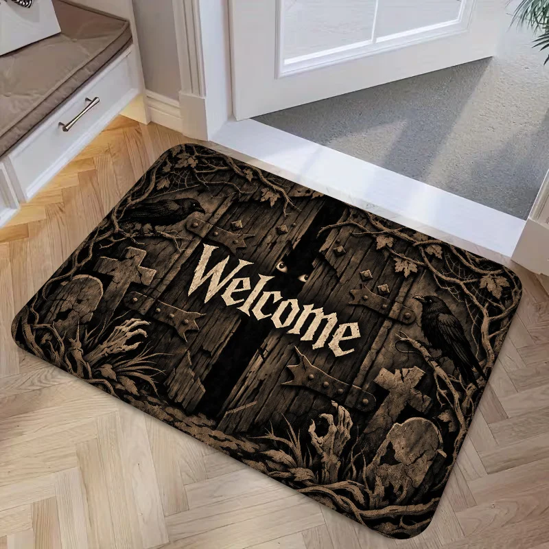 Witch Legs Welcome Door Mat Rectangle Orange Striped Non-Slip Rug Vintage Halloween Carpet for Home Entrance Porch Decor