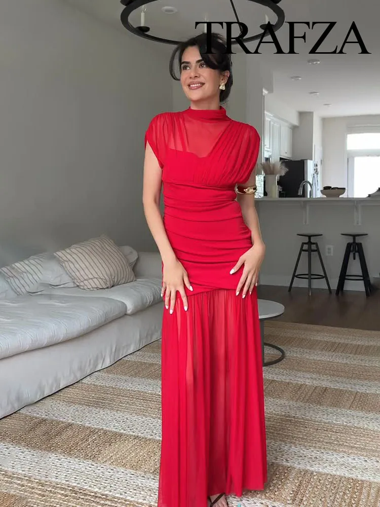 

TRAFZA Woman Elegant Chic Splicing Design Zipper Tulle Beach Party Dress Summer Women Sexy Sleeveless Pleated Midi Dress Mujer