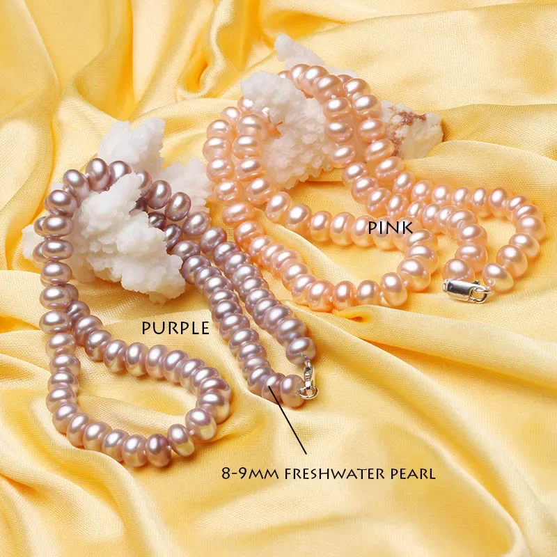 Dainashi Classic 8-9mm Semi-round Natural Pearl Necklace for Women Girls Fashion 925 Sterling Silver White Pink Purple 3 Color