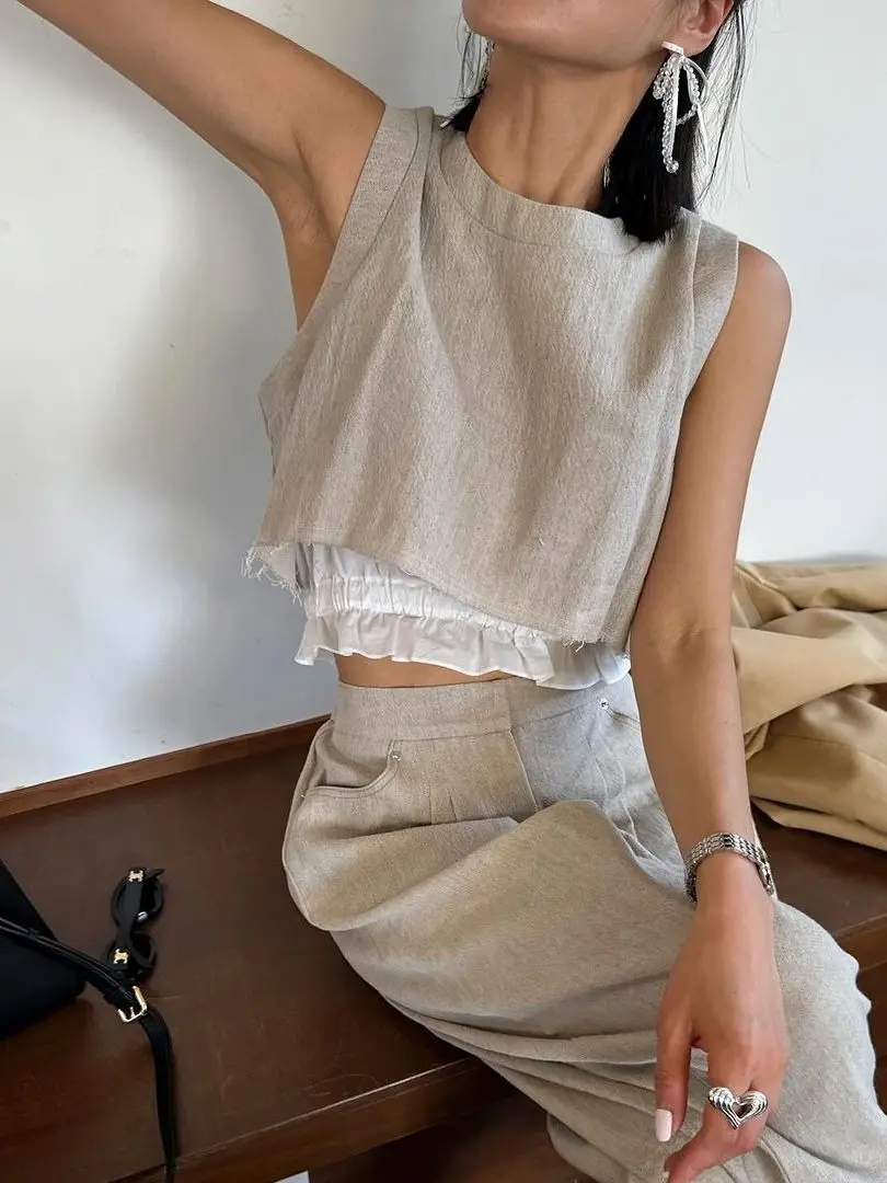

Chic round Neck Sleeveless Top And Pants Set Women's Fashionable Straight Design Korean Style Cotton Summer Outfit