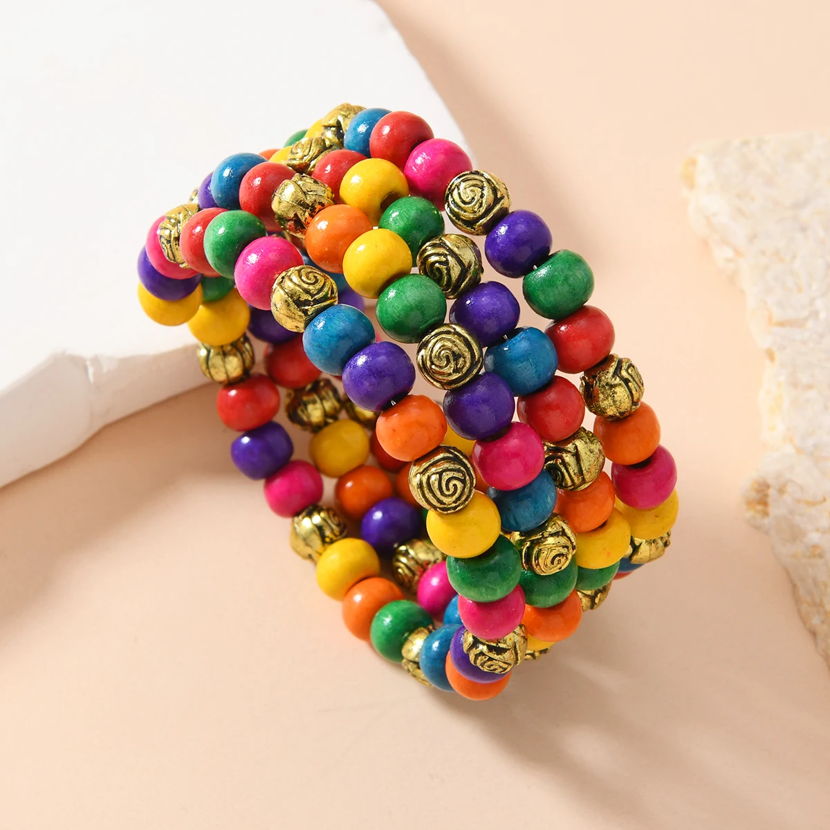 النمط الأفريقي البوهيمي خمر العرقية متعدد الطبقات اليدوية الملونة خشبية حبة سوار للنساء الملحقات اليومية #4