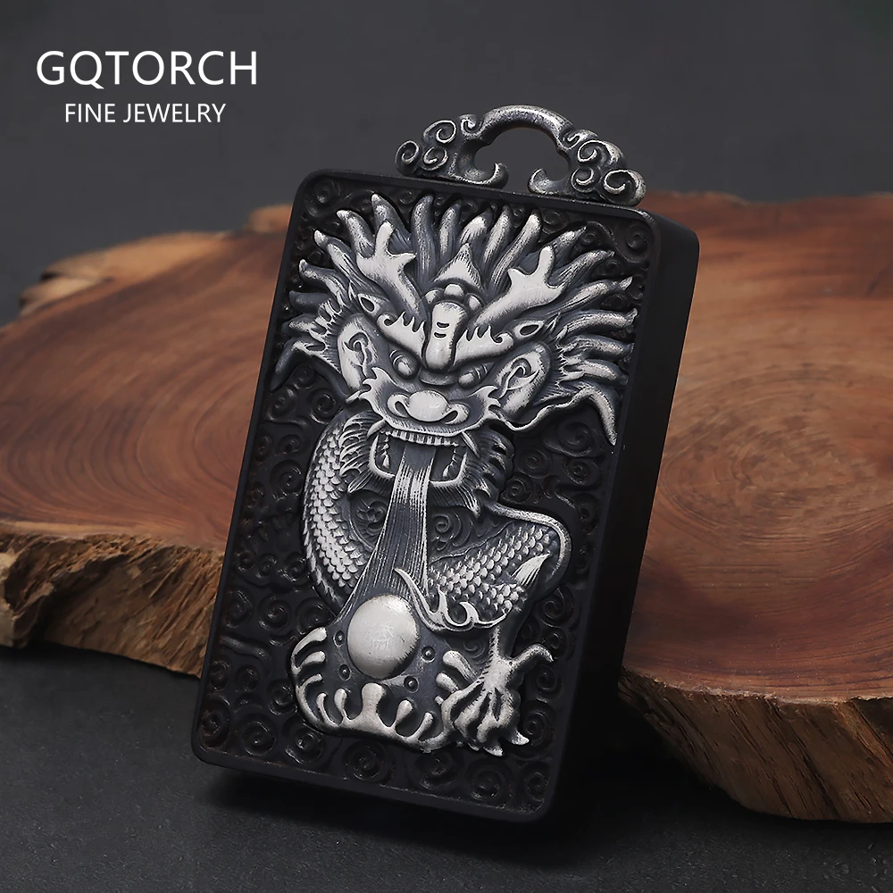 

990 Pure Silver Engraved Dragon Sandalwood Pendant for Men Big Rectangle Shaped Vintage Amulet Jewelry