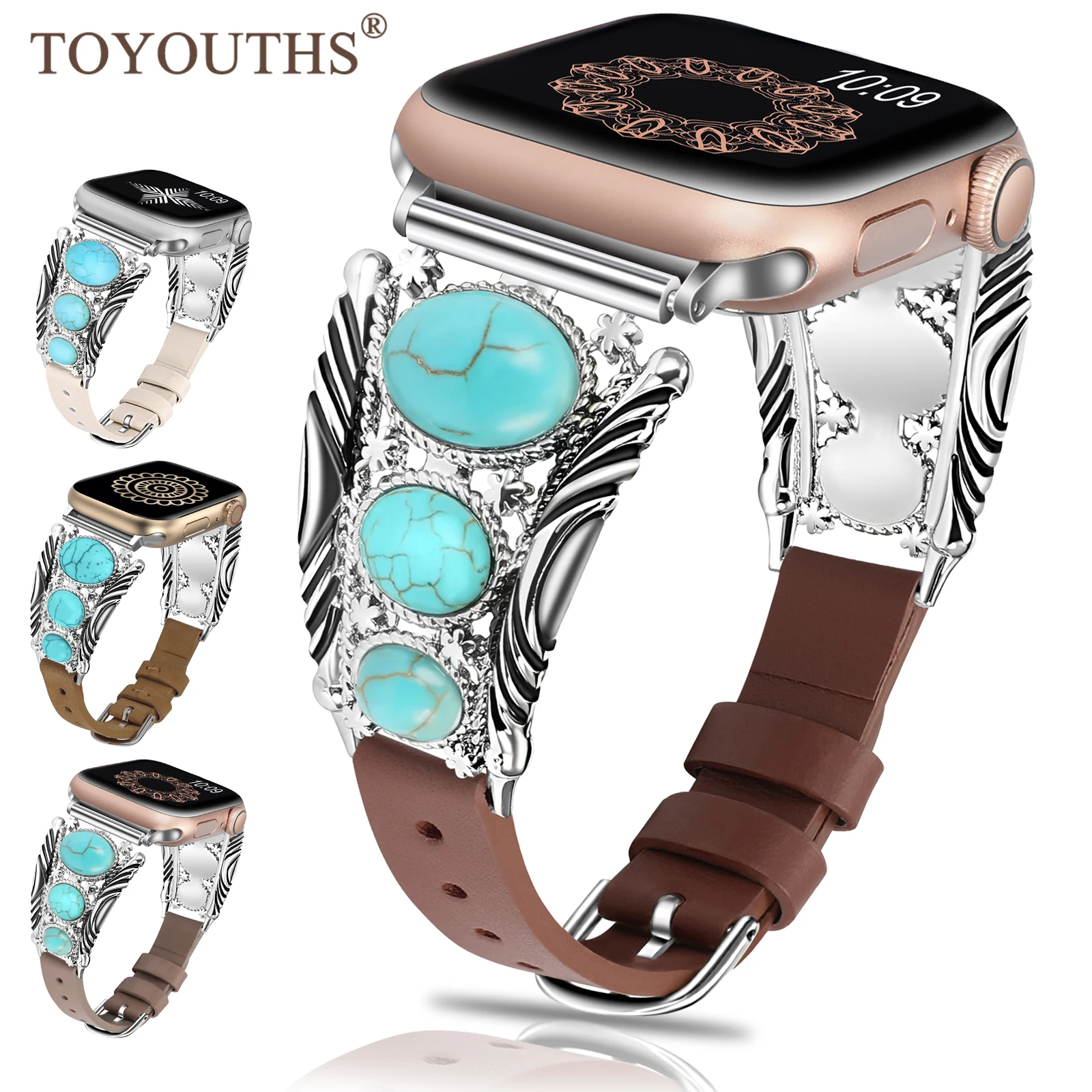 

TOYOUTHS Boho Turquoise Leather Band for Apple Watch Band 40mm 41mm 42mm 44mm 45mm Women Bracelet for iwatch Ultra 9 8 7 6 5 4 3