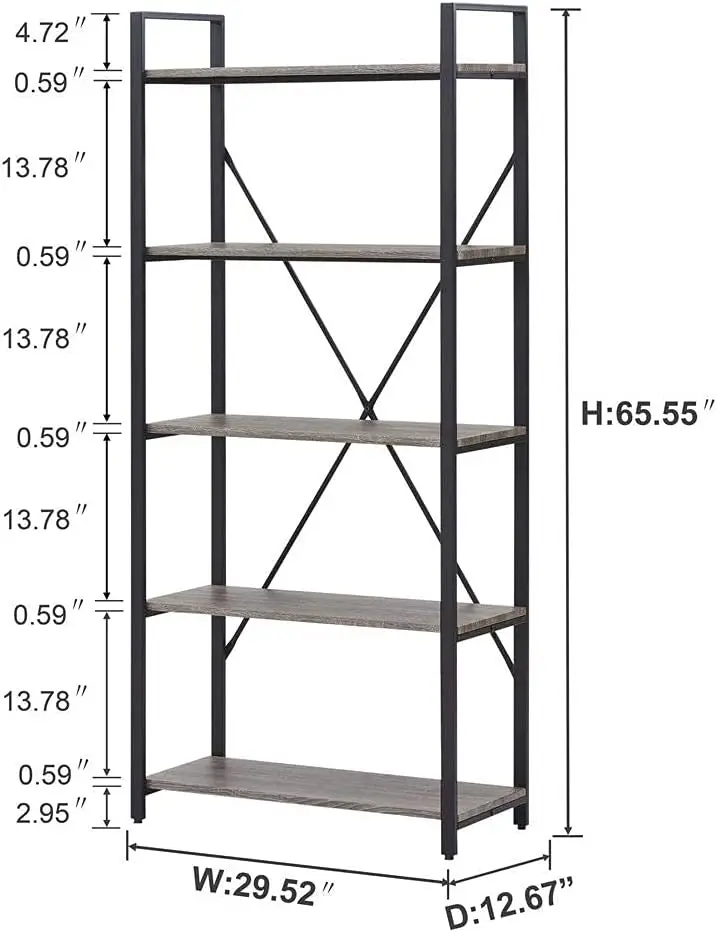 Industrial Bookshelf, Etagere Bookcases And Book Shelves 5 Tier, Rustic Wood And Metal Shelving Unit (Dark Gray Oak)