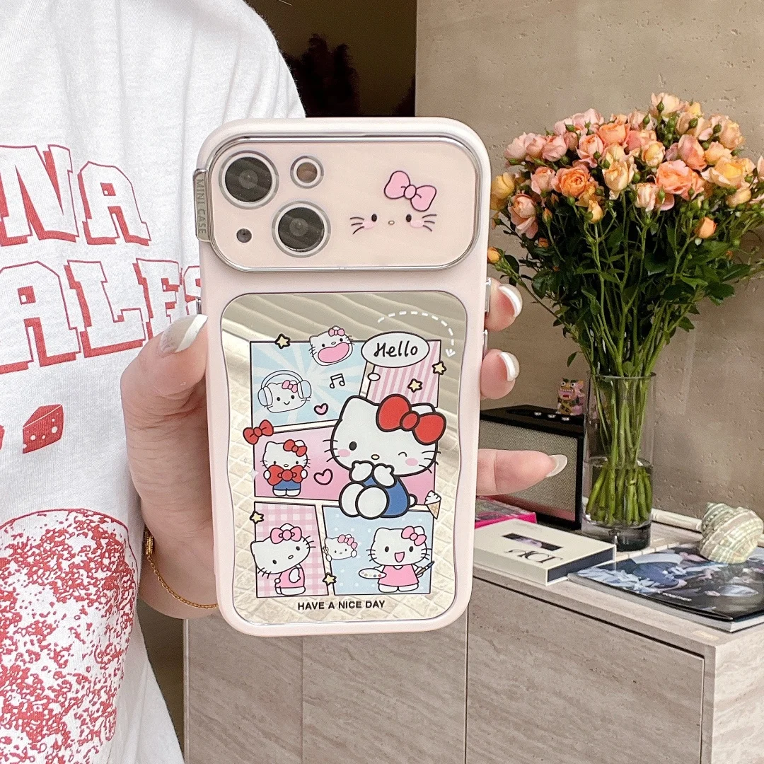 

INS Hello Kitty kitten Mirror Simple Phone Case For iPhone 16 15 14 13 12 Pro Max Plus Case Y2K Shockproof Mirror Back Cover﻿﻿