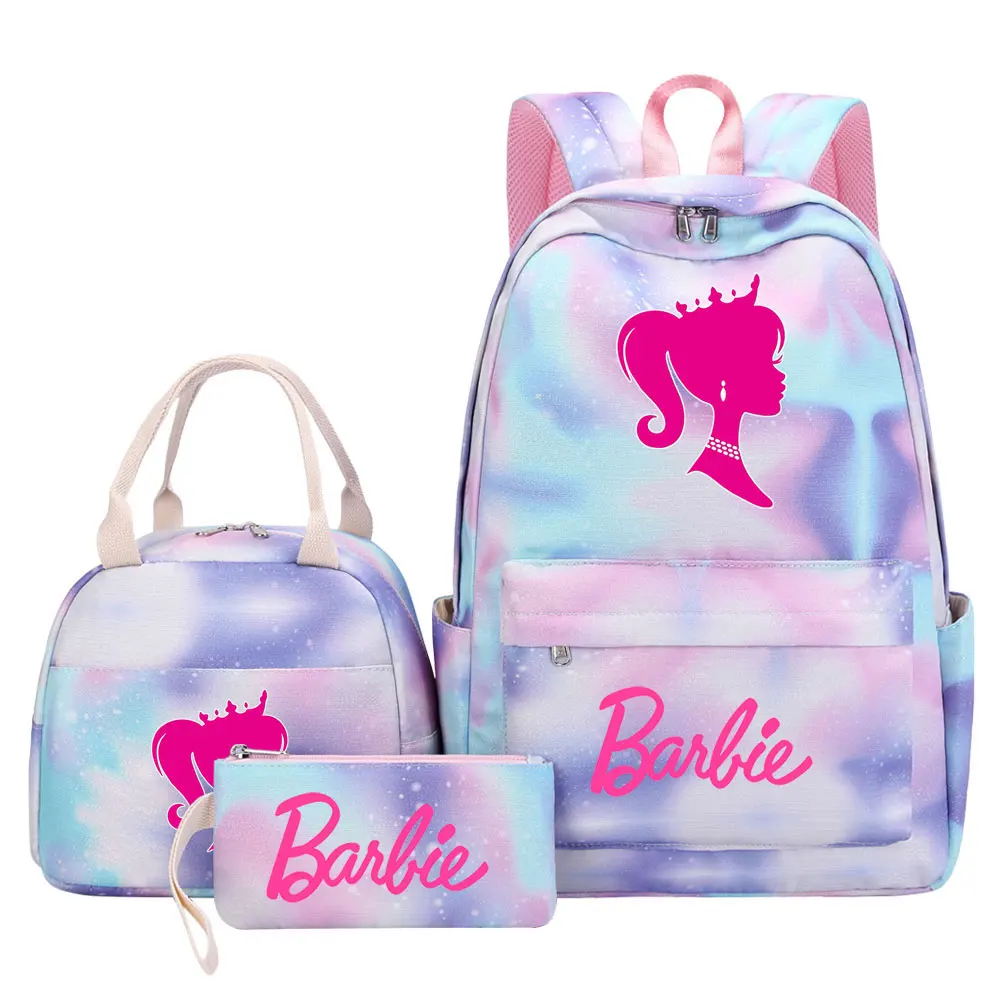 New Barbi Back To School Girls Kids Pen Lunch Bags Bookbags 3 Pcs Women Teenagers Schoolbags Travel Laptop Rainbow Backpack