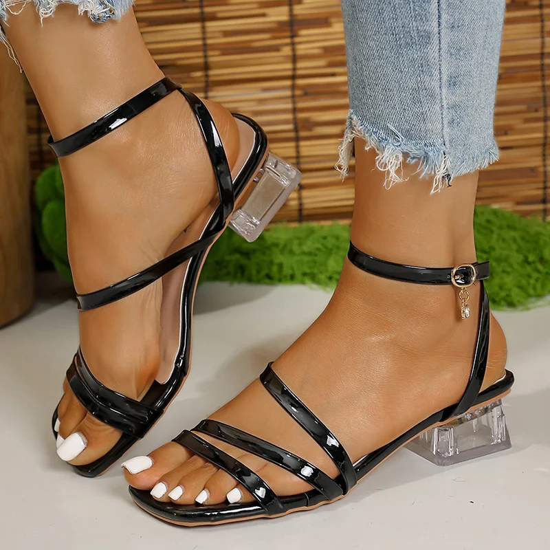 

Transparent Chunky Heel Sandals for Women Summer 2025 Fashion Ankle Strap Dress Sandals Woman Comfort Square Toe Sandalias Mujer