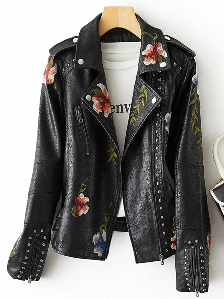 High Quality Women Leather Coat Retro Floral Print Embroidery Faux Soft Leather Jacket Turndown Collar Pu Moto Black Punk Coat