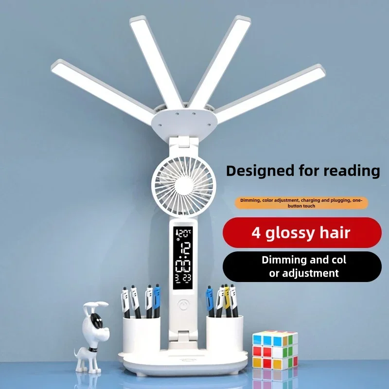 LED Folding Charging Eye Protection Desk Lamp With 4 Heads Fan Student Dormitory Smart Desk Lamp Desk And Bedroom Reading Lamp