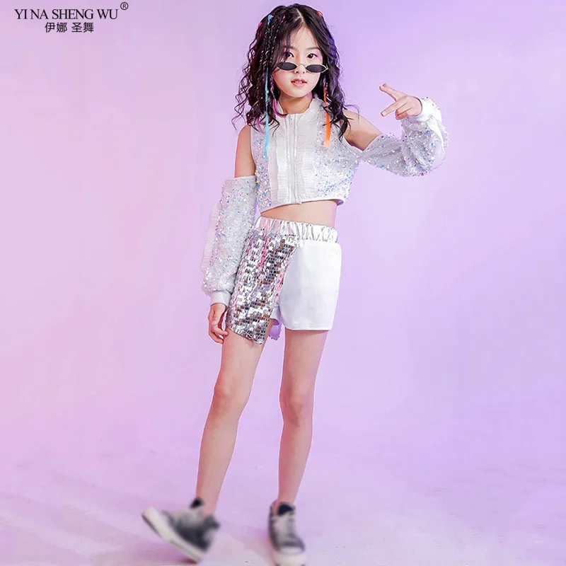 เด็กHip-Hop Jazz Danceเครื่องแต่งกายสําหรับสาวแฟชั่นบุคลิกภาพชุดเลื่อมสีขาวStreet Dance Top + กางเกงขาสั้น