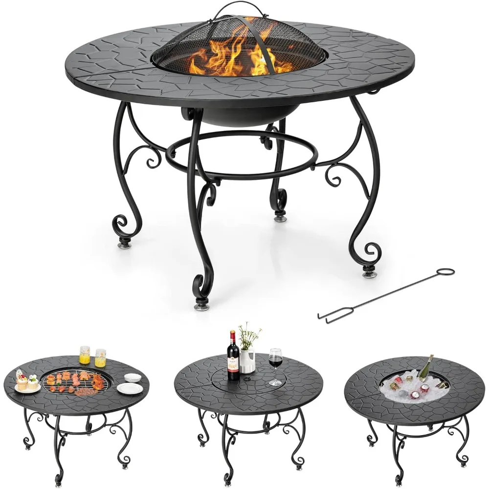 

Tangkula Outdoor Fire Pit Table, 4 in 1 36 Inch Round BBQ Garden Fire Bowl with Lid, Bonfire Wood Burning Fire Pit for Outside B