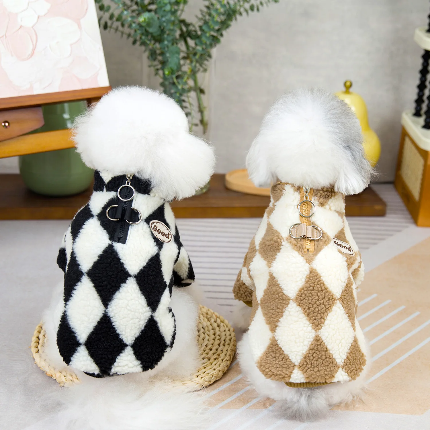 Pet Two Leg Diamond Grid Velvet Clothing Pet Dog Autumn/Winter Diamond Grid Zipper Velvet Clothing Pet Dog Clothing Puppy