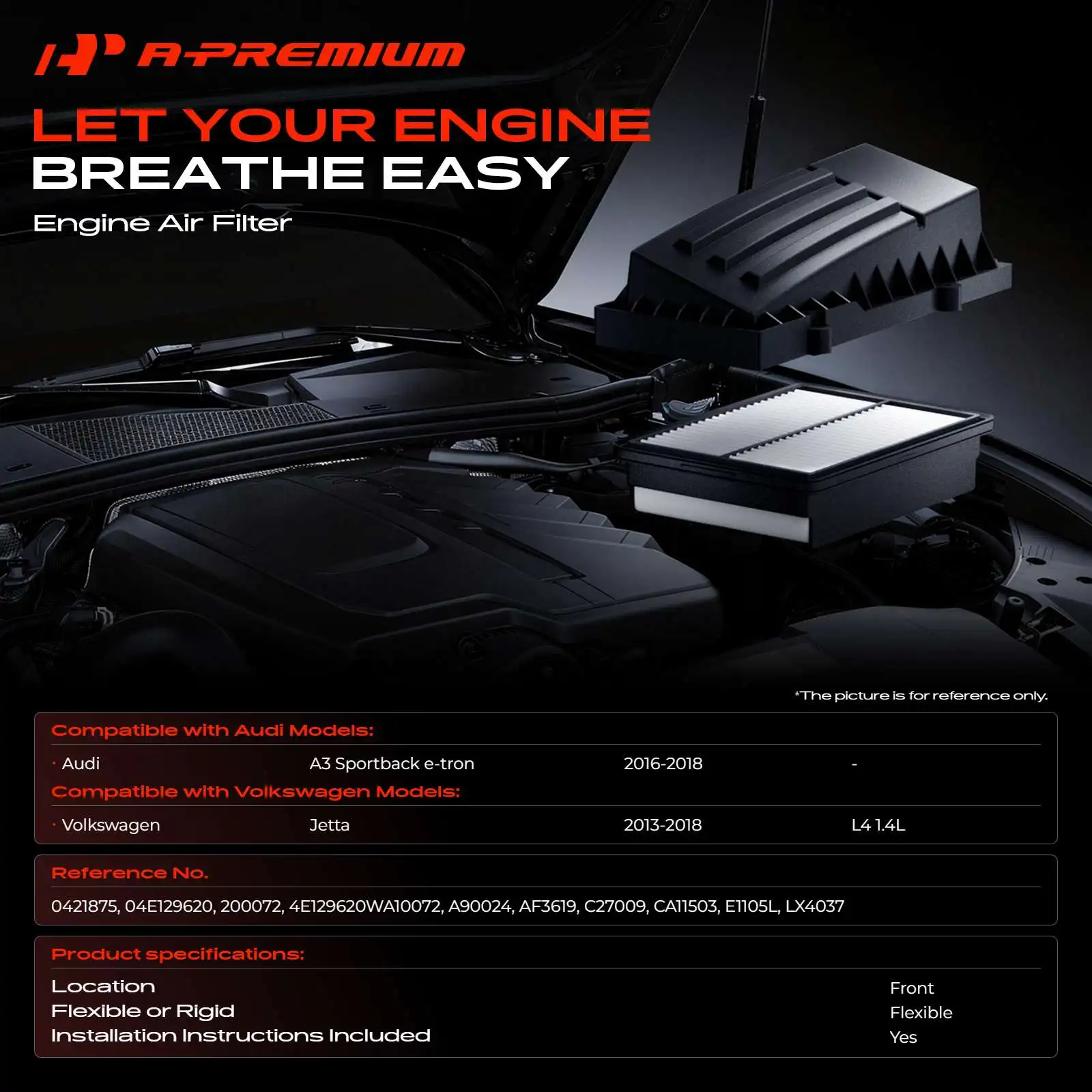 A-Premium Engine Air Filter for Volkswagen Jetta 2013-2018 Audi A3 Sportback e-tron 2016-2018