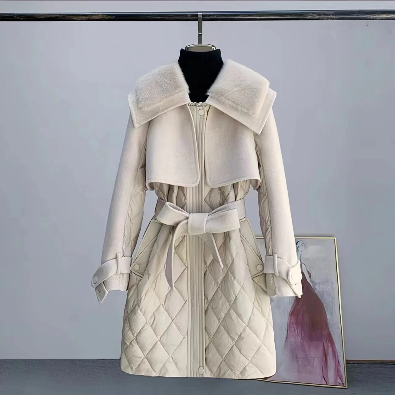 Einreihiger Woll mantel für Frauen, Jacken mit Kunst pelz kragen, Wind jacke, verstellbare Taille, England-Stil, neu, Winter