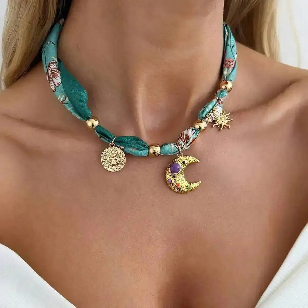 

KunJoe 2026 Boho 2 Colors Scarf Ribbon Chokers Necklace Women Elegant Metal Sun Moon Heart Cross Pendant Clavicle Chain Jewelry