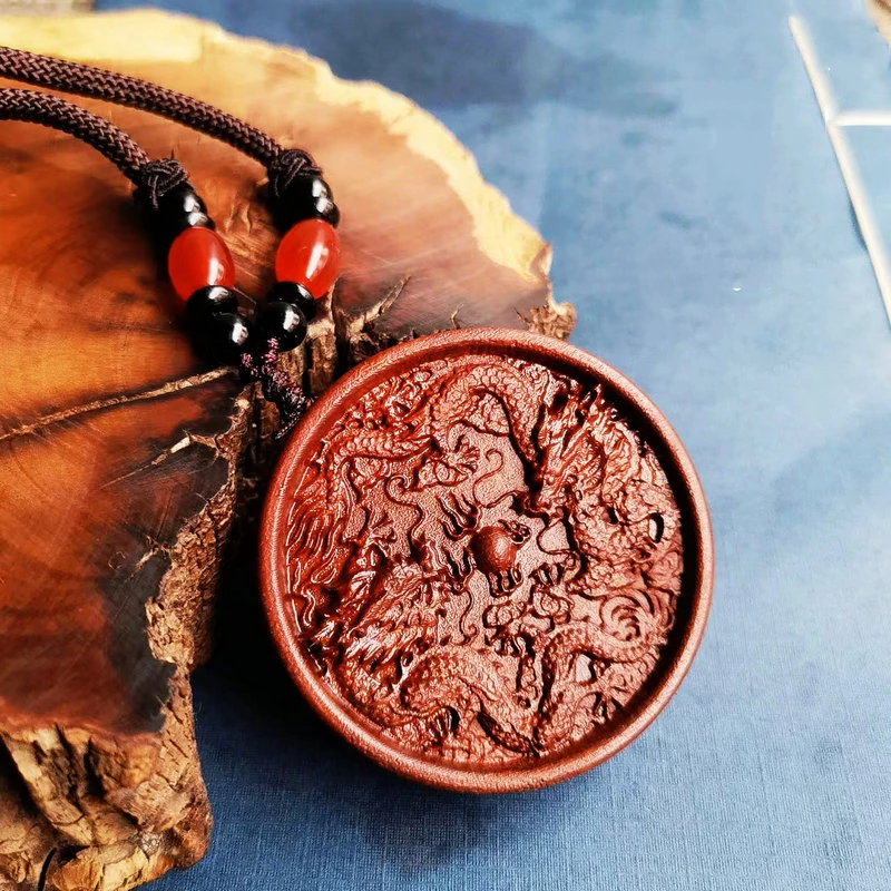 

Taoist articles, natural lightning strike jujube wood, double dragon playing with beads pendant, peace card, Taoist pendant, han