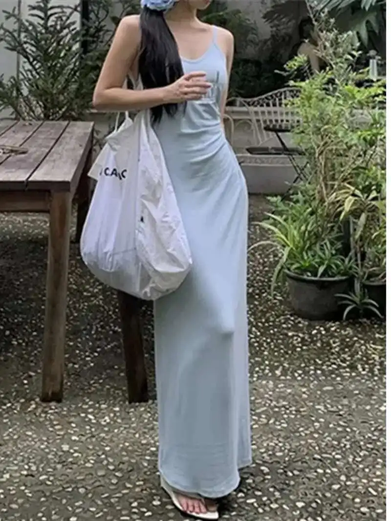 สาวสูงเผ็ดเอวระงับชุดผู้หญิง 2024 ฤดูร้อนใหม่Slimเอวปิดไหล่Backlessกว่าเข่าชุดยาวL53F