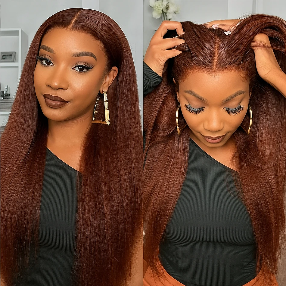 

Reddish Brown Kinky Straight Lace Front Human Hair Wigs Brazilian 13x4 HD Transparent Lace Frontal Wigs Pre-Plucked For Women