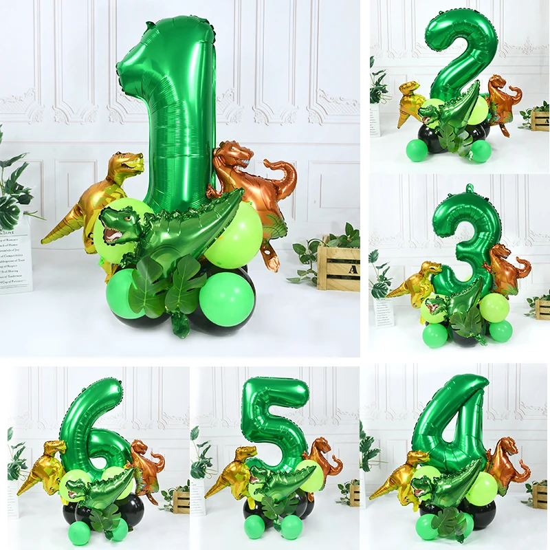 

20Pcs Green Balloon Number Kit Birthday Party Decorations Boy Jurassic Theme Party Decor 3D Dinosaurs Balloon Foil