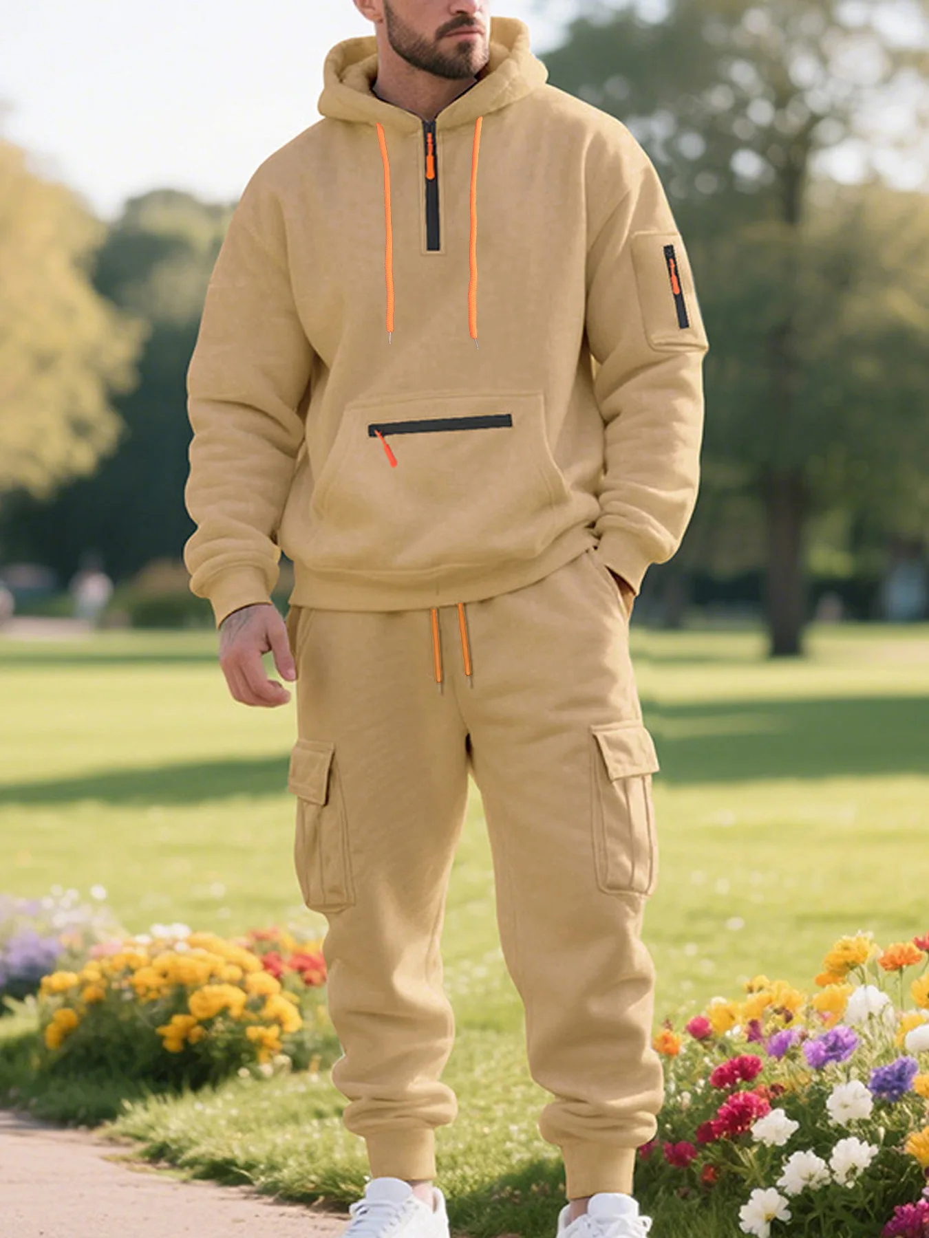 

New Autumn And Winter Men's Fleece Hooded Sweatshirt, Workwear, Long Pants Set, Sports and Leisure Multi Pocket 2-Piece Set