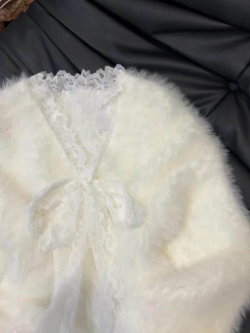 Spitze Patchwork V-ausschnitt Pullover Für Frauen Frühling Herbst Lose Faux Nerz Pelz Plüsch Weiß Top Weiche Vielseitig Warme Solide Pullover