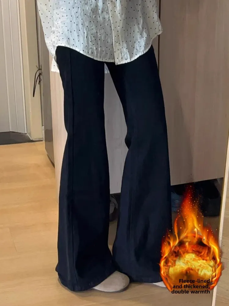 

plus Size Fleece Lined Bootcut Jeans Women's Autumn Winter Loose Elastic Slimming Wide Leg Pants Hoof Pants Casual Cott...