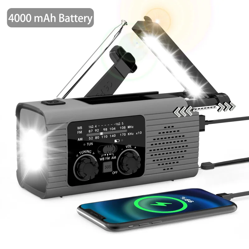 Emergency Weather Radio 4000mAh Solar Hand Crank Portable AM/FM/NOAA with Flashlight & Reading Lamp SOS for Home and Outdoor ﻿