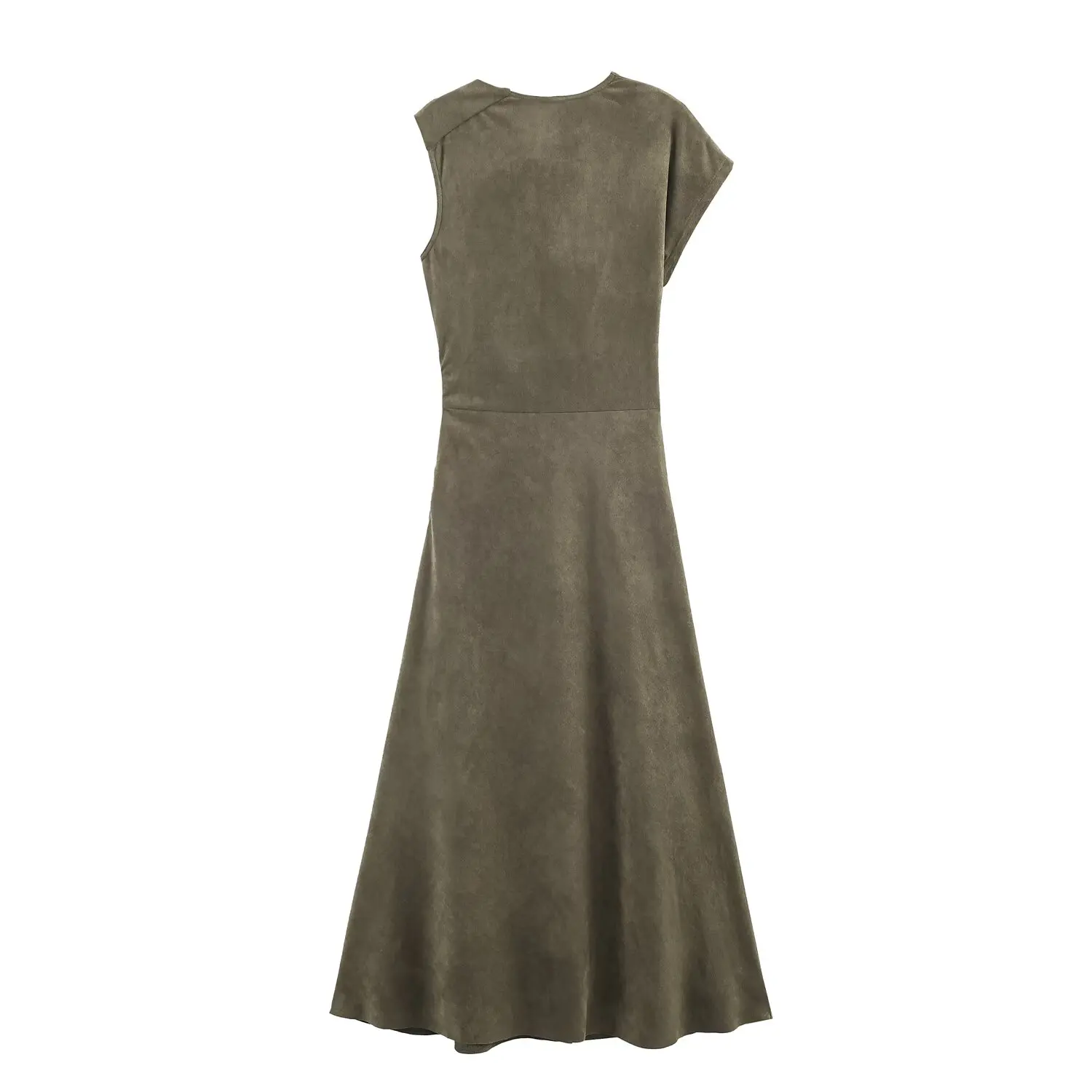 KONDALA 2025 الخريف الجلد المدبوغ الجيش الأخضر النساء فساتين غير المتماثلة أكمام فستان طويل غير المتماثلة مطوي موضة فساتين الإناث