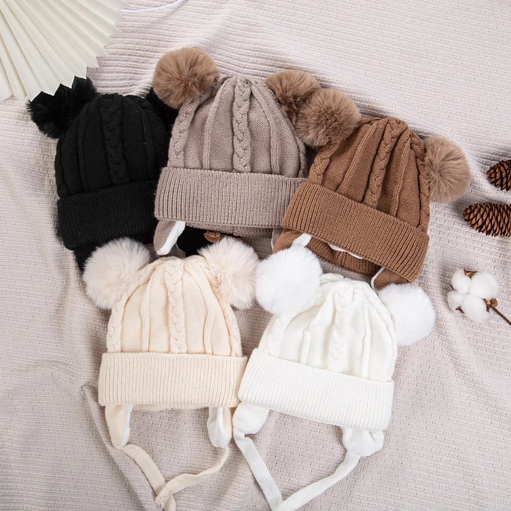 Cute Bear Earpuff Textured Knit Hats Pompom Baby Boys Girls Thick Warm Winter Ear Protection Caps Cotton Lining Kids Headwraps