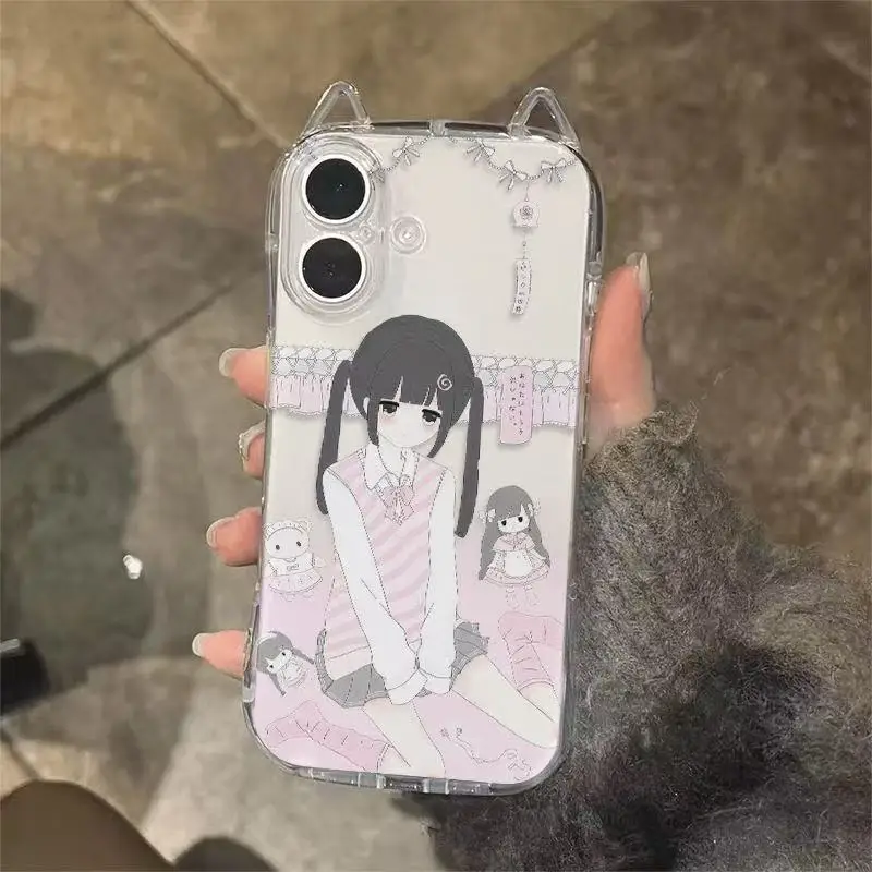 Pink Double Ponytail Girl Phone Case For iPhone 17 16 15 14 13 12 11 Pro Max XSMax XS XR X 7 8 Plus Cartoon Cat Ears Soft Cover